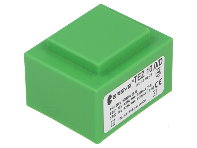 Transformator: ingegoten; 10VA; 230VAC; 18V; 18V; 278mA; 278mA; PCB Transformator: ingegoten; 10VA; 230VAC; 18V; 18V; 278mA; 278mA; PCB